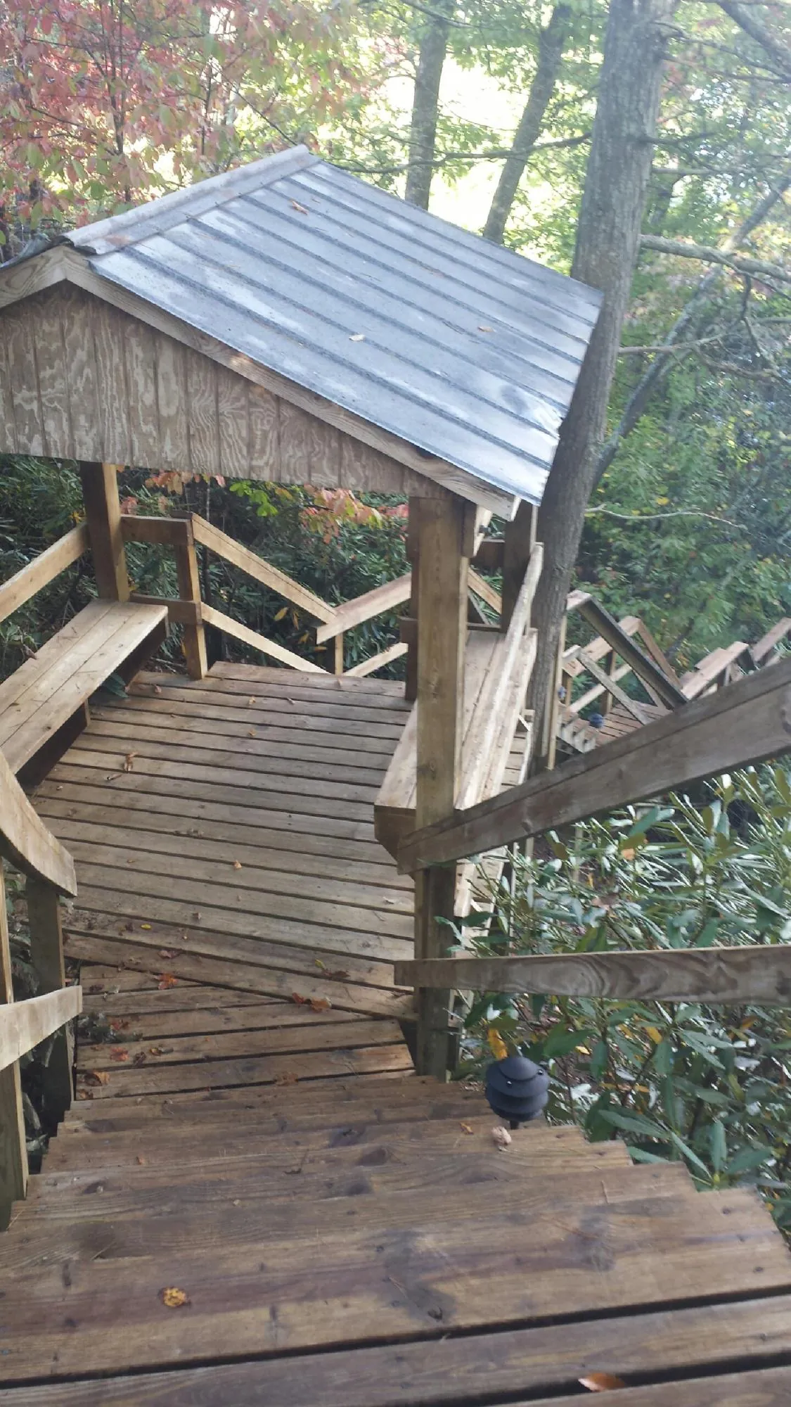 Metal roofed shelter over wooden steps on a wooded walkway — Skylight Repair & Installation work by our crew in Rainbow City